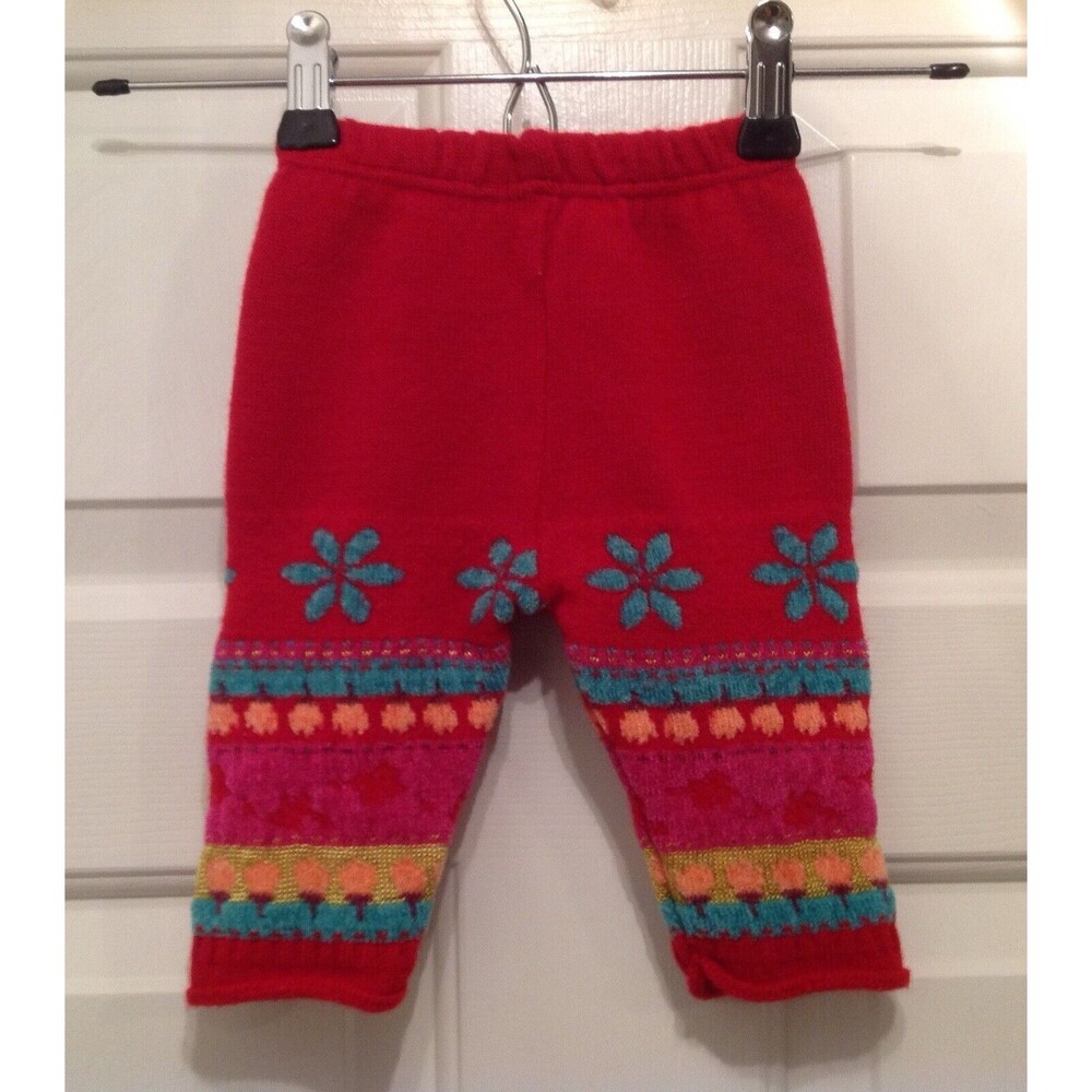 Clayeux Pants Infant Sz 6M Red Knit Acrylic Wool Bright Fair Isle Made In France